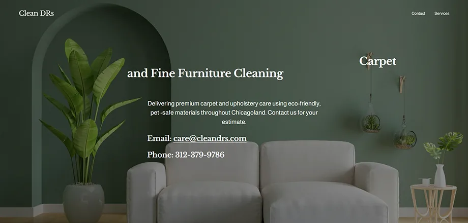 The original Clean DRs homepage: a dimmed stock photo of a sofa and plant behind overlapping text, a cut-off headline and only two navigation links.